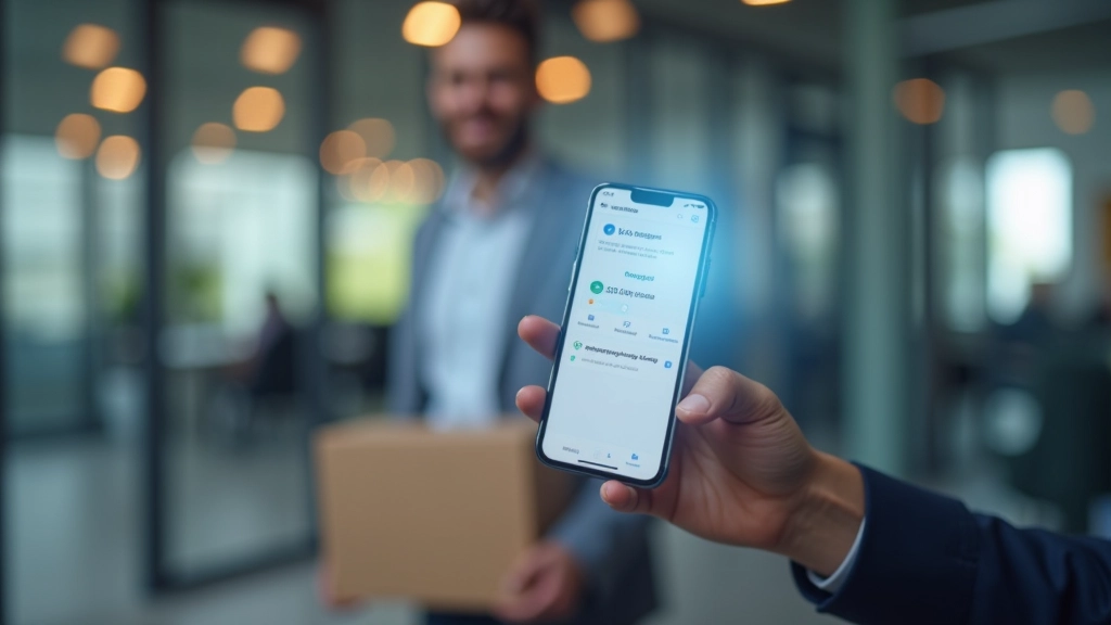 Logistikos vadybininkas naudoja mobilią aplikaciją robotų valdymui ir pristatymo stebėjimui