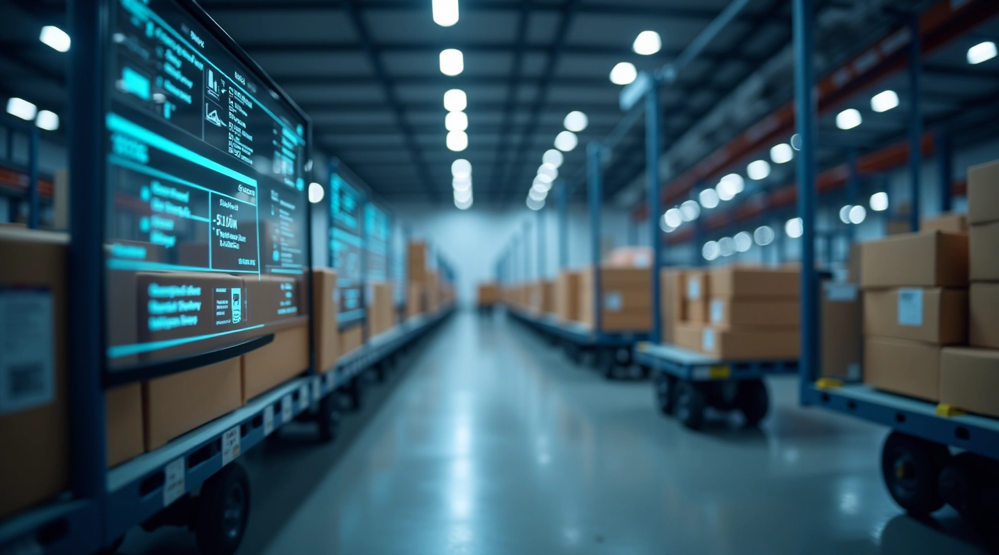 Moderni logistikos sandėlio automatizuota sistema su sekimo ekranais