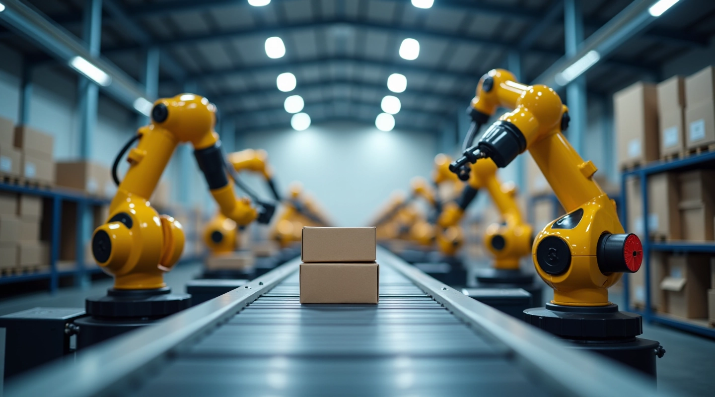 Modernus sandėlis su automatizuotomis sistemomis ir robotais